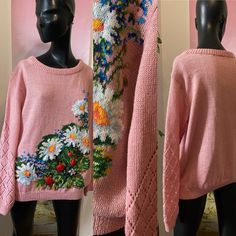 Treat yourself or your loved one with this beautiful and cozy one of a kind sweater. It is made from a blend of wool to keep you warm and acrylic to ease the care process. Sweet and intricate daisy flowers and strawberries pattern on the front and intricate lace stitching on sleeves will make you elegantly stand out in every setting.   Length (shoulder to bottom) 65 cm Width at chest 116 cm Sleeve from collar 73 cm Machine wash:  Set your washing machine cycle to the wool setting. If it does not have a wool cycle, then use the cold water wash or wash cycle for delicates. Use a detergent formulated for wool, silk and/or delicates. OR Hand-wash: Add the recommended amount of a soap formulated for wool or delicates to a sink filled with lukewarm water. Soak the sweater inside out for about 10 Pink Bohemian Knitted Sweater, Hand-knitted Pink Cotton Sweater, Hand Knitted Pink Cotton Sweater, Spring Crew Neck Hand Knitted Sweater, Hand Knitted Bohemian Pink Sweater, Pink Hand Knitted Bohemian Sweater, Pink Bohemian Hand-knitted Sweater, Pink Bohemian Hand Knitted Sweater, Handmade Pink Sweater For Spring