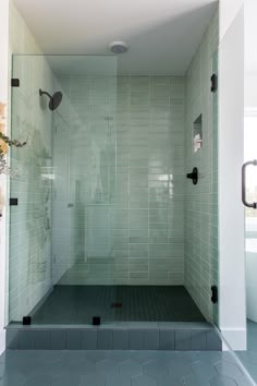 a walk in shower sitting inside of a bathroom