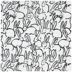 black and white drawing of many rabbits in the shape of a square with one line drawn on it