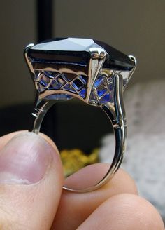 Sapphire Ring, Large square blue sapphire gem in crisscross basket-weave filigree, art deco styled ring, Art Deco Jewelry, Silver Embrace Jewelry Elegant Octagon Sapphire Ring, Formal Sapphire Gemstone Ring, Vintage Sapphire Ring For Formal Occasions, Elegant Octagon Diamond-cut Sapphire Ring, Silver Octagon Sapphire Ring, Elegant Octagon Diamond Cut Sapphire Ring, Collectible Silver Sapphire Ring With Diamond Cut, Classic Octagon Sapphire Ring Gift, Elegant Sapphire Ring In Octagon Shape