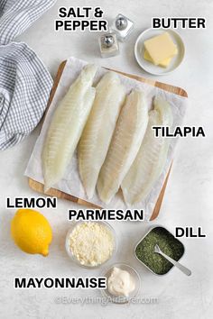 fish fillets on a cutting board with ingredients labeled in english and spanish, including lemon parmesan, mayonnaise, salt & butter