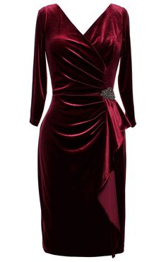 This knee length dress is crafted from Winter's bestselling fabric - our glamorous stretch velvet. This dress features a classy surplice neckline, a flowy cascade ruffle skirt, and a side embellishment at the hip. Pair with a simple silver heel for the perfect look at your next special occasion. Luxury Knee-length Velvet Evening Dress, Luxury Evening Knee-length Velvet Dress, Velvet Dress Winter, Chic Knee-length Burgundy Dress, Winter Burgundy Midi Knee-length Dress, Burgundy V-neck Mini Dress For Cocktail, Velvet Sheath Dress, Embellishment Details, Silver Heels