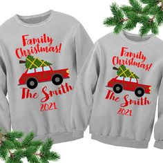 "Matching Christmas Sweatshirts \"Family Christmas \" The listing is for two matching sweatshirts \"Family Christmas \" print in Ugly Christmas Sweater style. They are medium weight Unisex eco fleece sweatshirts, nice and durable with double-needle cover-seamed neck and armholes. Each Sweatshirt can be CUSTOMIZED. Please add your personalization details: custom family name exactly as you want it to be printed including any apostrophes, articles ets., including the year. If you will not include t Matching Family Christmas Sweaters, Christmas Photos Outfits, Car Sweatshirt, Family Christmas Sweaters, Tacky Sweater, Matching Christmas Outfits, Christmas Pullover, Christmas Party Outfit, Couples Sweatshirts