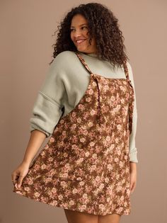 Leighton Floral Corduroy Skirtall in Brown | Arula Plus Size Fall Outfit, Plus Size Fall, Fashion Aesthetics, Corduroy Fabric, Cozy Sweater, Bottom Clothes, Cozy Sweaters, Homecoming Dresses, Plus Size Fashion