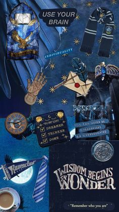 a collage of harry potter related items including scarves, pins and badges with the words you're your brain on them