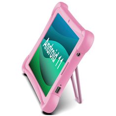 a pink children's tablet sitting on top of a stand