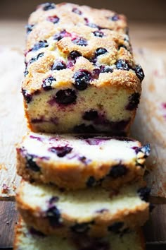 slices of blueberry bread stacked on top of each other