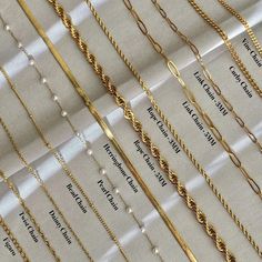 "18K Gold Chain Necklace, Twist Chain, Figaro Chain, Dainty Chain, Bead Chain, Curby Chain, Cuban Chain, Tiny Link Chain, Rope Chain, Paperclip chain, Herringbone Chain. * If you would like to add a Bracelet or Anklet please follow the link below. * All chains are made of High-Quality 18K Gold Filled over Stainless Steel* All Chains are nickel-free, lead-free, waterproof and tarnish resistant. Our jewelry is made to last, made of high-quality materials and it will NOT tarnish nor discolor. This Basic Chain Necklace, Affordable Party Necklaces With Curb Chain, Types Of Chain Necklaces, Nickel Free Cheap Chain Bracelet For Party, Types Of Jewelry Chains, Chain Types Jewelry, Luxury Gold Custom Necklace Tarnish Resistant, Wedding Chain Link Necklace, Gold Chain Types