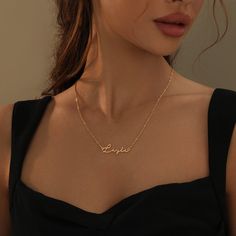 Sleek and elegant, our Mon Petit Name Necklace creates an effortless signature look that is stunning next to your skin. Personalize your necklace with your name or surprise them with a meaningful gift today. Gold Name Necklace Aesthetic, Name Jewelry Personalized, Name Necklace Aesthetic, Necklaces With Names, Hunter Necklace, Name Gold Necklace, Necklace Name Design, Chains Aesthetic, Necklace With Name