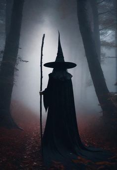 a wizard with a staff standing in the woods