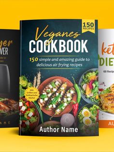 the vegan cookbook is on display in front of three different books, including one with