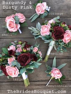 four different types of flowers are arranged on a wooden surface with the words burgundy and dusty pink