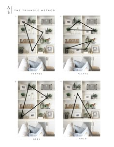 four pictures of the triangle method for decorating bookshelves with white walls and shelves