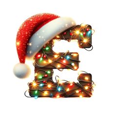 the letter e is decorated with christmas lights and a santa hat