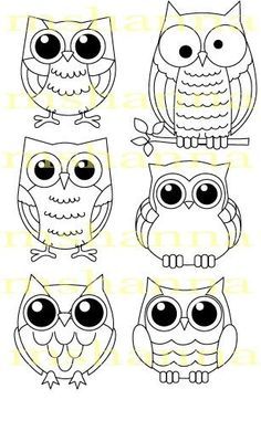 four owls sitting on top of each other with big eyes and one small owl in the middle