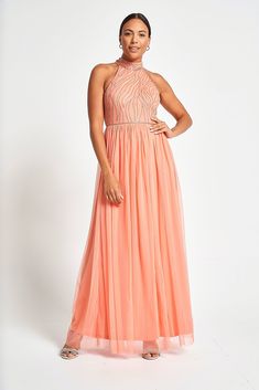 Caroline Coral Embellished Halter Neck Maxi Dress Embellished Bridesmaid Dress, Cape Dresses, Amelia Rose, Frock And Frill, Dresses Date Night, Halter Neck Maxi Dress, Embellished Maxi Dress, White Long Sleeve Dress, Embellished Gown