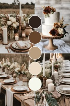 the table is set with candles, plates and flowers in shades of brown, beige, and white