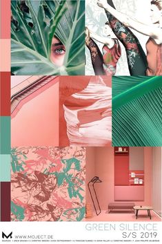 a poster with different colors and patterns on the wall, including pinks and greens