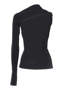 Discover the modern elegance of this sweater perfect for those looking for a minimalist but refined style. Made of 91% polyamide and 9% elastane, this shirt hugs the body with its slim-fit fit and single long sleeve design. Its asymmetric neckline adds a touch of boldness, while the versatile black color makes it ideal for both casual and elegant combinations. Add it to your wardrobe now for a look that wont go unnoticed! SweaterComposition: 91% POLYAMIDE 9% ELASTANE Sleek Tops With Minimal Stretch For Fall, Sleek Fall Tops With Minimal Stretch, Sleek Tops For Fall With Minimal Stretch, Sleek Turtleneck Top In Elastane, Sleek Fitted Tops For Winter, Sleek Fitted Tops For Fall, Sleek Fitted Top For Winter, Sleek Fitted Winter Tops, Modern Stretch Tops