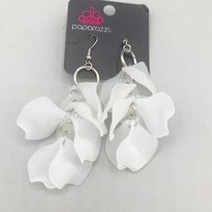 Paparazzi White Flower Petals Earrings Summer Party 3d Flower Earrings, Spring Party Petal-shaped Earrings, White Dangle Flower Earrings For Spring, Elegant Flower Earrings For Summer, Elegant Flower Charm Earrings For Summer, Elegant Silver Flower Earrings For Summer, Elegant Flower Earrings For Beach, White Drop Flower Earrings For Party, White Dangle Earrings For Spring