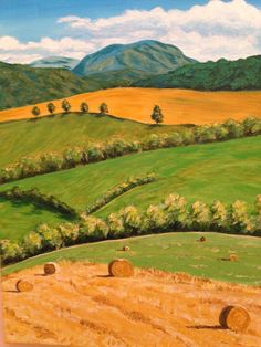 a painting of rolling hills and bales of hay