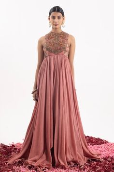 Peach floor length, pleated anarkali with floral embroidered bodice using thread, sequins, tube. - Aza Fashions Samant Chauhan, Placement Embroidery, Embroidered Bodice, Embroidery Floral, Anarkali, Cotton Silk, Aza Fashion, Floral Embroidery, Floor Length