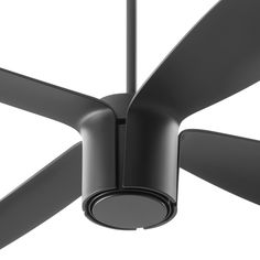 a black ceiling fan with three blades on it's blades and one light is turned on