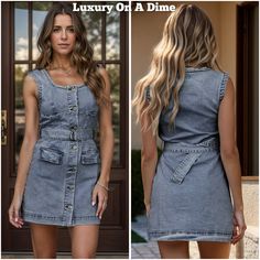 Chic Medium Wash Denim Vest With Button Closure, Chic Mini-length Denim Dress With Button Closure, Chic Spring Denim Vest With Button Closure, Chic Denim Mini Dress With Button Closure, Chic Dark Wash Denim Vest, Trendy Dark Wash Denim Dress For Summer, Denim Mini Dress With Buttons, Trendy Buttoned Mini Denim Dress, Chic Sleeveless Denim Mini Dress