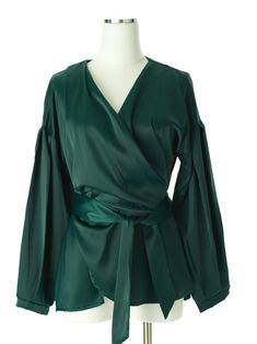 This is the dream top. This wrap top can typically be work in a few different ways and are usually tied to remain fastened. Made from high quality satin fabric. satin fabric- 100% high quality Polyester blend hand-wash unlined Satin Top Outfit, Green Satin Top, Green Top Outfit, Satin Wrap Top, Satin Outfits, Long Sleeve Wrap Top, Hijabi Outfits Casual, Sleeves Designs For Dresses, Crop Top Dress