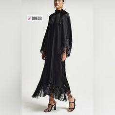 Classy Black Fringe Maxi Dress, Can Be Worn To Any Event. Great Quality And Mint Condition With Tag! Black Long Sleeve Silk Dresses, Black Silk Dress For Fall, Black Silk Midi Dress For Fall, Black Silk Maxi Dress For Fall, Black Floor-length Dinner Midi Dress, Orange Long Sleeve Dress, Giraffe Print Dress, 70s Fashion Dresses, Knee Length Dresses Casual