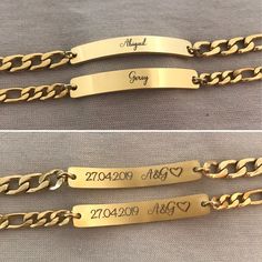 two gold bracelets with names engraved on them