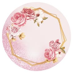 a pink and gold circular frame with roses on it