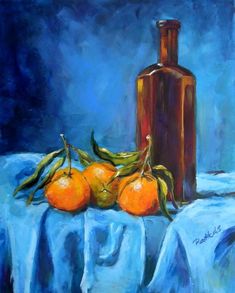 an oil painting of oranges and a bottle on a tablecloth with blue background