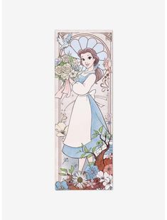 a bookmark with an image of a woman in blue and white dress holding flowers