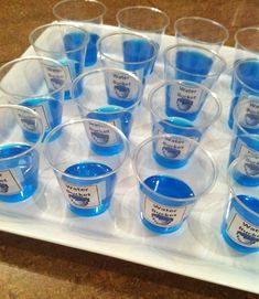 a tray filled with blue liquid on top of a counter