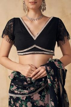 Shop for Sakshi Girri Black Organza Pre-draped Saree With Blouse for Women Online at Aza Fashions Sarees Black, Ruffle Sarees, Ruffle Saree, Blouse Lace, Drape Saree, Blouse Back, Embellished Blouse, Floral Prints Pattern, Blouse For Women