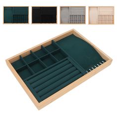 four compartments with dividers in various colors and sizes, including one for the drawer