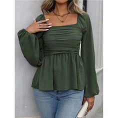 Featuring A Chic Square Neckline And Voluminous Bishop Sleeves, It Boasts A Flattering Peplum Silhouette With A Ruffle Hem And Ruched Details. The Army Green Semi-Sheer Fabric Adds A Touch Of Refinement, While The Slim Fit Accentuates Your Figure. Ideal For Both Casual And Dressy Occasions, This Blouse Combines Classic Elegance With Contemporary Flair. Chic Fitted Long Sleeve Peplum Top, Chic Long Sleeve Peplum Top For Brunch, Fitted Long Sleeve Chic Peplum Top, Chic Flowy Top With Lantern Sleeves, Chic Solid Color Blouse For Brunch, Feminine Solid Color Blouse For Fall, Spring Long Sleeve Peplum Top For Party, Long Sleeve Ruffle Peplum Top For Brunch, Solid Color Lantern Sleeve Blouse For Brunch