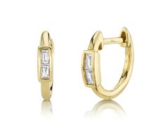 Shy Creation. 14 Karat Yellow Gold Huggie Earrings With 0.10Ct Baguette Diamonds. 0.45"L / 0.08'W. Can be special ordered in yellow, white, and rose gold. Style # SC55007089 Baguette Hoop Earrings, Mens Diamond Jewelry, Diamond Chandelier Earrings, Gold Huggie Earrings, Gemstone Diamond Ring, Diamond Huggie Earrings, Diamond Baguette, Huggie Earring, Multiple Piercings