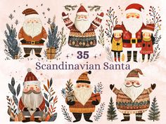 santa clauss and other christmas characters are featured in this hand drawn illustration