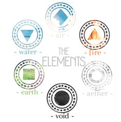 four different types of logos with the words water, fire, earth and air on them