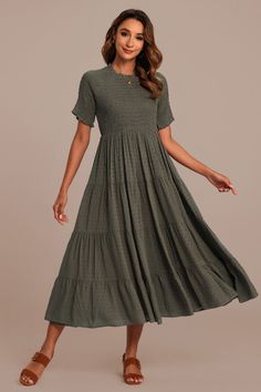 Olive Short Sleeve Round Neck Smocked Tiered Ruffle Midi Dress Modest Fall Dresses, Sweaters And Skirts, Knee Length Dresses Casual, Teacher Dresses, Lace Dress Casual, Olive Shorts, Joy Dress, Cream Color Dress, Modest Dresses Fashion