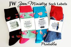 five pairs of socks with flamingos and watermelon on them, all in different colors