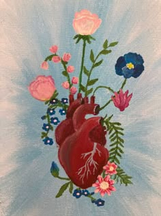 a painting of a heart and flowers on a blue background