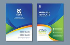 two sided business brochure with abstract shapes and blue, green, yellow and orange colors