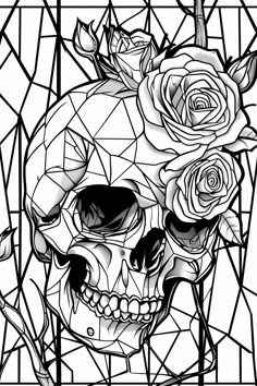 a drawing of a skull with roses on it