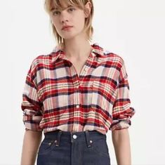 Questions? Leave A Comment Below! Classic Red Tops For Everyday, Classic Red Tops For Everyday Wear, Women Button Down Shirt, Short Sleeve Denim Shirt, Oversized Denim Shirt, Oversized Button Down Shirt, Denim Shirt With Jeans, Western Denim Shirt, Red Plaid Flannel