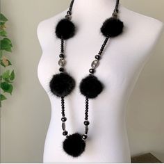 Fur Pom Pom Statement Necklace With Beading. Nwot Black Long Necklace Gift, Elegant Handmade Black Long Necklace, Handmade Black Necklaces As Fashion Accessory, Handmade Black Necklace Fashion Accessory, Adjustable Black Beaded Necklaces As Fashion Accessory, Bohemian Long Necklace With Black Round Beads, Adjustable Black Beaded Necklace As Fashion Accessory, Large Black Beads For Party, Black Beaded Necklace With Round Beads