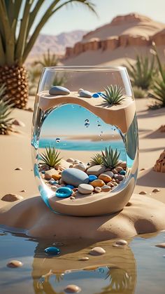 a glass filled with water sitting on top of a sandy beach next to rocks and plants