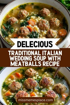 two bowls of italian wedding soup with meatballs